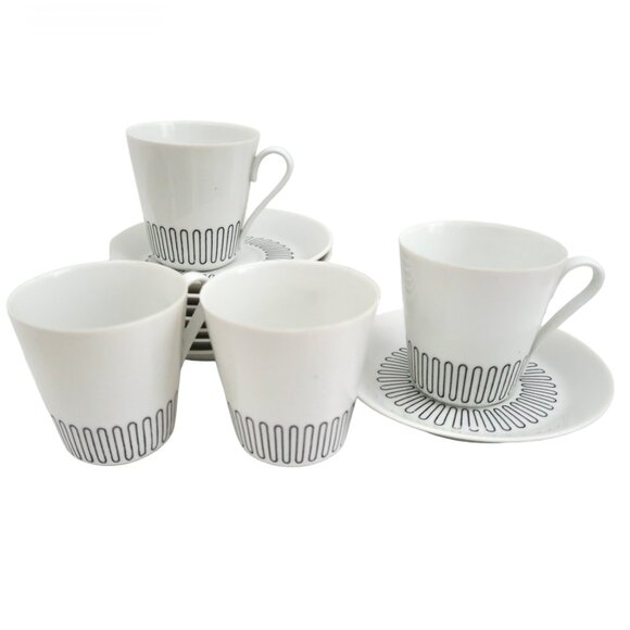 vtg SCHMID BROTHERS Denmark demitasse 4 cups & 7 saucers squiggle print - Picture 1 of 8